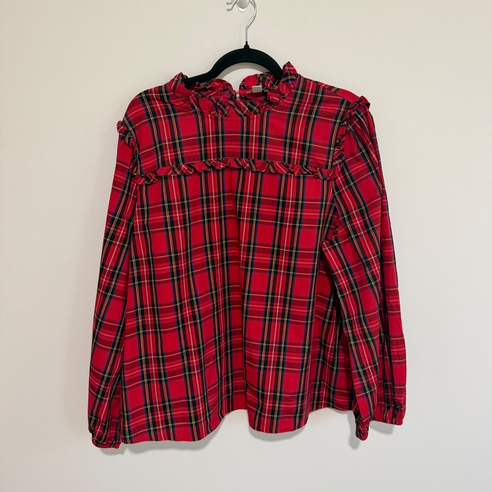 J.Crew Red Tartan Plaid Ruffle Trim Long Sleeve Blouse XXL